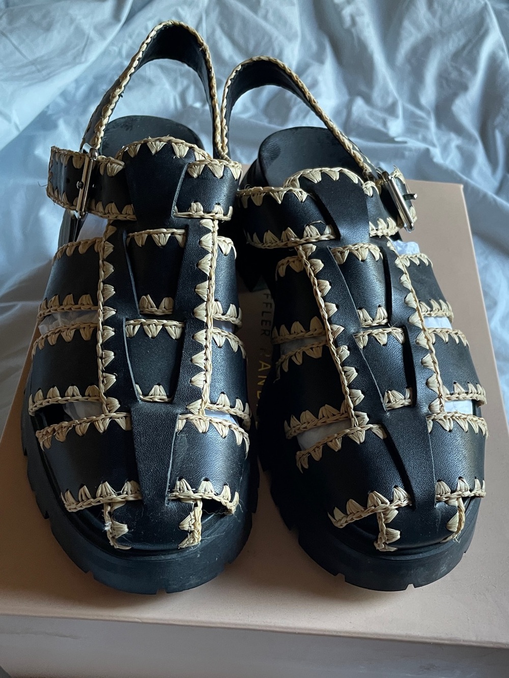 Loeffler Randall Black Sandal with Natural Braided Trim